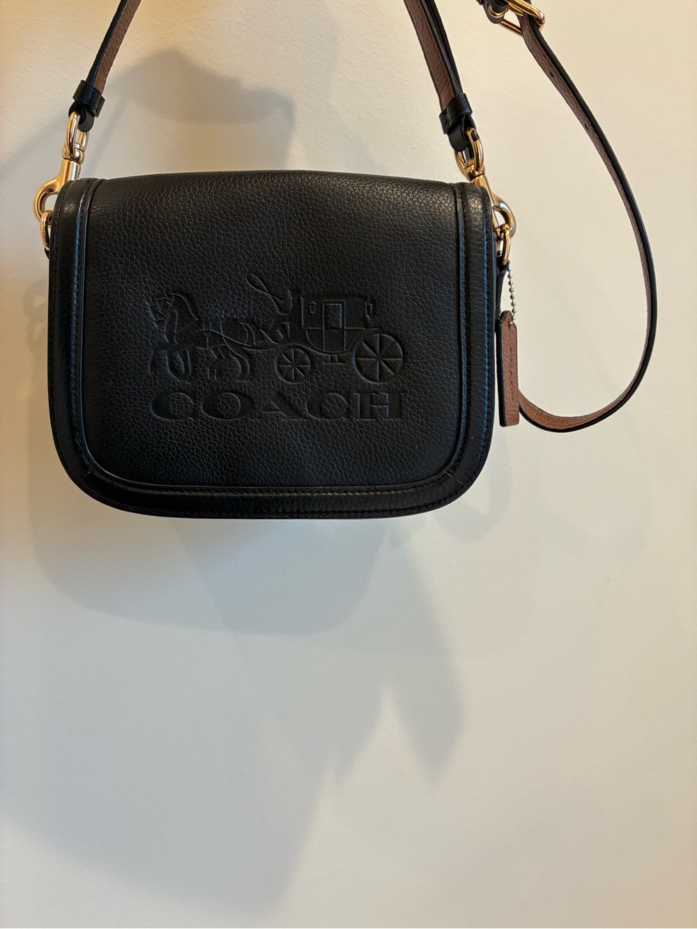 Coach Leather Saddle Bag With Horse And Carriage Crossbody Black and Red Lining